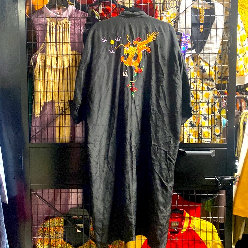 Vintage Plum Blossoms Embroidered Dragon Black Long Kimono